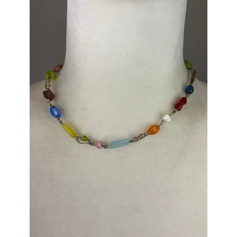 Art Glass Artisan Made Beaded Necklace on 925 Sterling 16in Colorful Whimsical